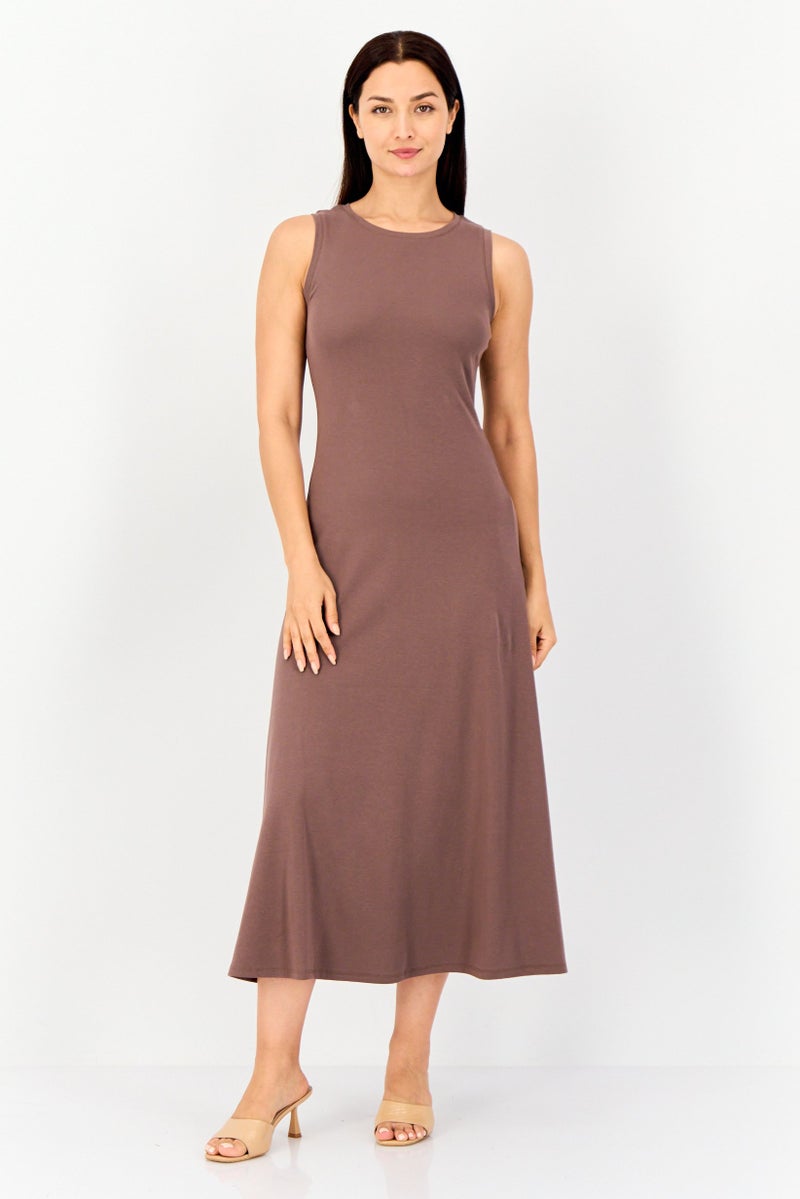 bebe فستان ماكسي نسائي سادة، بني شوكولاتة - Image 1