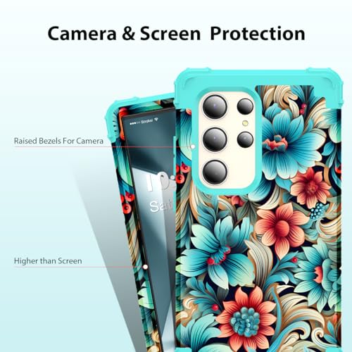 SleekCover for Galaxy S24 Ultra Case,3 in 1 Floral Pattern Heavy Duty Shockproof Soft Silicone Rubber Bumper+Hard Plastic Hybrid Protective Cover for Samsung Galaxy S24 Ultra 6.8",Blue Flower - Image 5