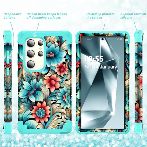 SleekCover for Galaxy S24 Ultra Case,3 in 1 Floral Pattern Heavy Duty Shockproof Soft Silicone Rubber Bumper+Hard Plastic Hybrid Protective Cover for Samsung Galaxy S24 Ultra 6.8",Blue Flower - Image 3