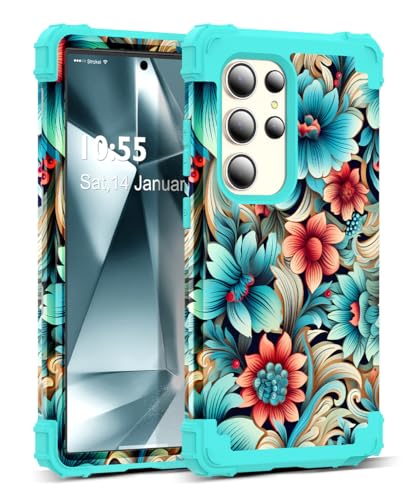 SleekCover for Galaxy S24 Ultra Case,3 in 1 Floral Pattern Heavy Duty Shockproof Soft Silicone Rubber Bumper+Hard Plastic Hybrid Protective Cover for Samsung Galaxy S24 Ultra 6.8",Blue Flower - Image 1