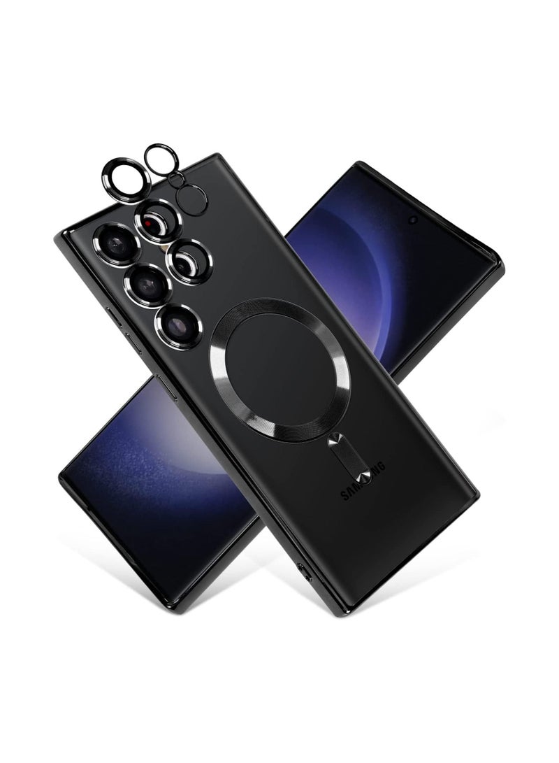 جراب مغناطيسي شفاف لهاتف Samsung Galaxy S23 Ultra مع واقي عدسة الكاميرا متوافق مع Magsafe جراب هاتف Samsung Galaxy S23 Ultra ناعم مطلي بالكهرباء ومقاوم للصدمات ومضاد للخدش ، أسود - Image 1