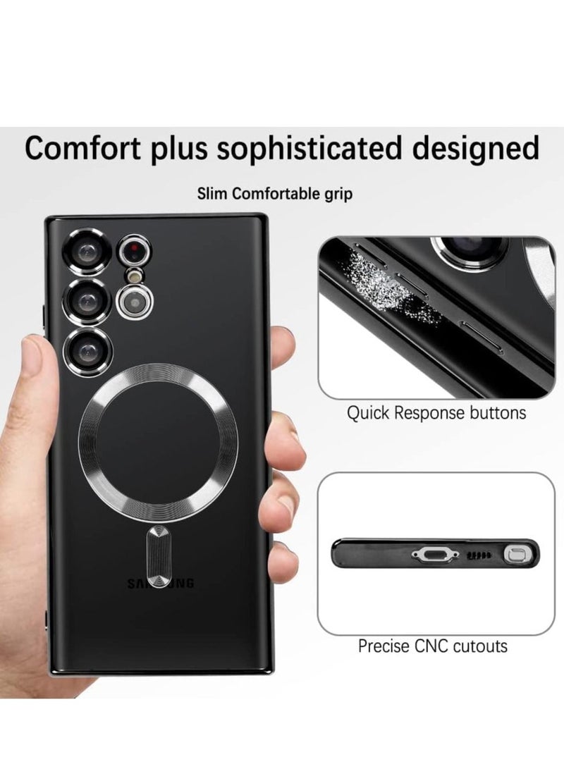 جراب مغناطيسي شفاف لهاتف Samsung Galaxy S23 Ultra مع واقي عدسة الكاميرا متوافق مع Magsafe جراب هاتف Samsung Galaxy S23 Ultra ناعم مطلي بالكهرباء ومقاوم للصدمات ومضاد للخدش ، أسود - Image 4