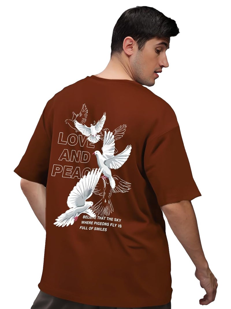 ADRO Men's Oversized Printed T-Shirt with Love and Peace Design - Brown - Image 1