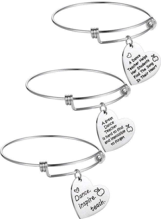 Zhanmai 3 Pieces Dance Teacher Gifts for Valentine's Day Bracelet Bangle Gift Engraved Appreciation Quotes Expandable Steel Bracelet with Heart Pendant for Women Dance Teacher(Heart Pendant) - Image 1