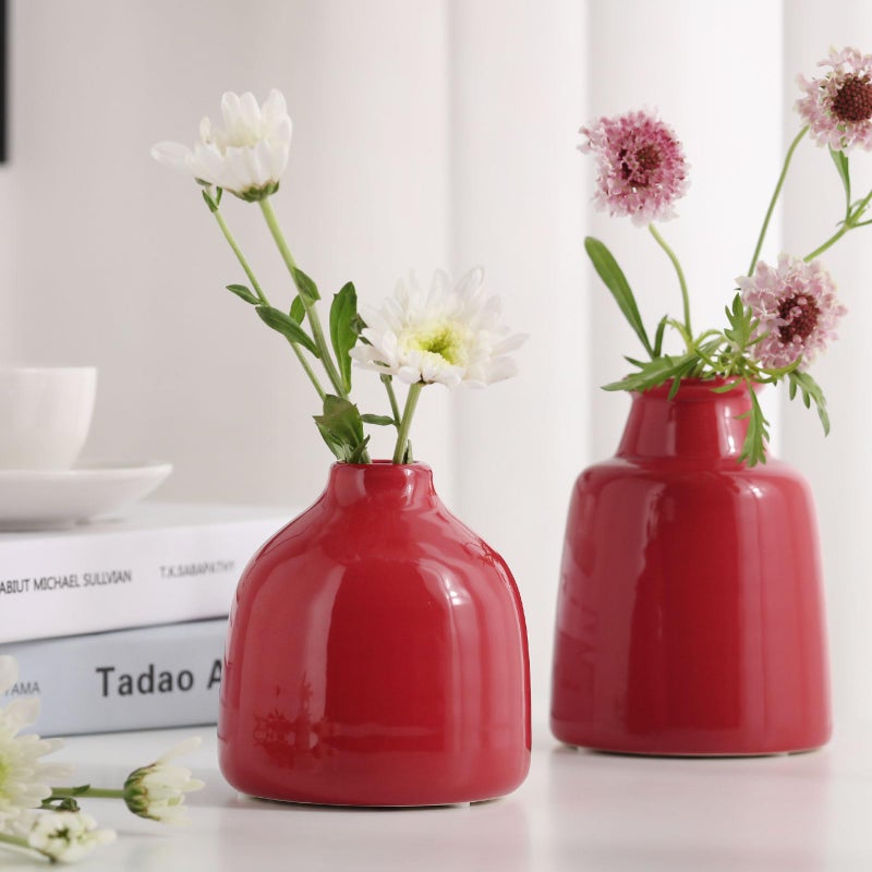 hjn Red Small Vase Set of 3 for Modern Home Decor,Ceramic Vases for Centerpieces Flower Vases for Living Room Wedding/Dinner Table/Party -Red - Image 2
