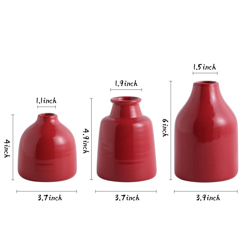 hjn Red Small Vase Set of 3 for Modern Home Decor,Ceramic Vases for Centerpieces Flower Vases for Living Room Wedding/Dinner Table/Party -Red - Image 4