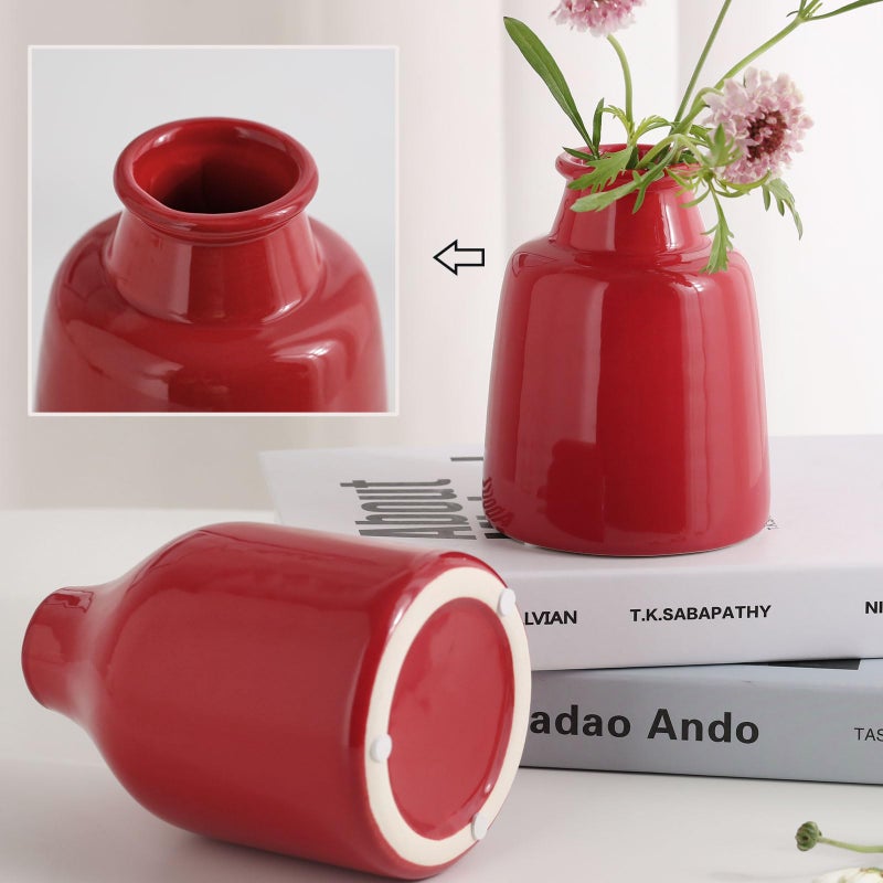 hjn Red Small Vase Set of 3 for Modern Home Decor,Ceramic Vases for Centerpieces Flower Vases for Living Room Wedding/Dinner Table/Party -Red - Image 3