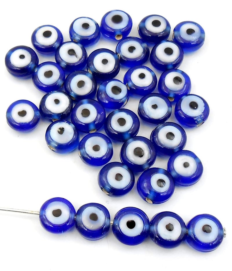 Jaz Jaz (R) Handmade-Hand Crafted Bllue Colour Round Flat 8x5mm Evil Eye Beads-Dark Blue Evil Eye Beads Nazar Evil Eye Beads for Bracelet-Necklace-Size 8x5mm Pack of 35 pcs.  - Image 2