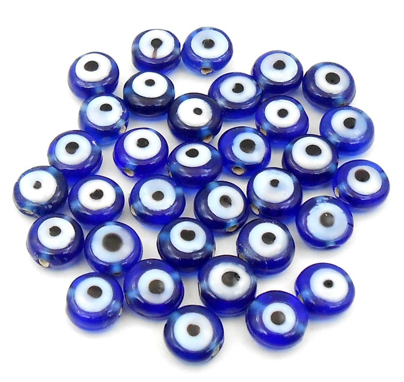 Jaz Jaz (R) Handmade-Hand Crafted Bllue Colour Round Flat 8x5mm Evil Eye Beads-Dark Blue Evil Eye Beads Nazar Evil Eye Beads for Bracelet-Necklace-Size 8x5mm Pack of 35 pcs.  - Image 1
