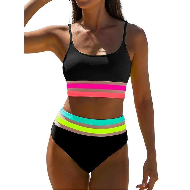 popvil Women's High Waisted Bikini Sets Neon Modest Two Piece Swimsuit Highwaisted 2026 Full Coverage Adjustable Straps Bathing Suit Beach Summer Black - Image 1