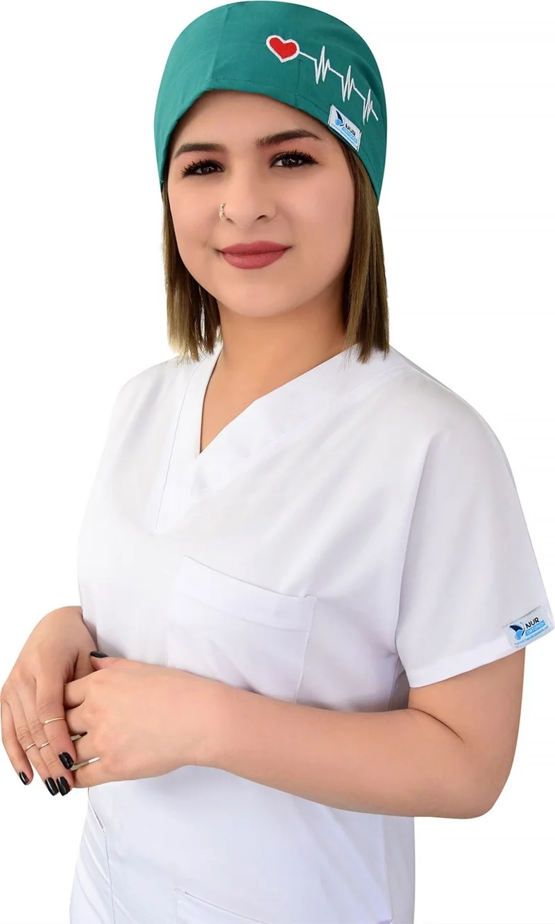 Nur Medikal Giyim Nur Medical Clothing Green Heart Rhythm Embroidered Surgical Bonnet B76