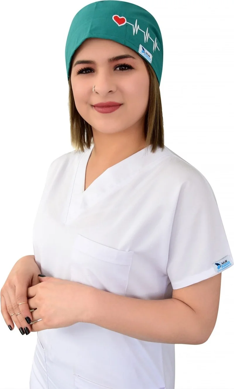 Nur Medikal Giyim Nur Medical Clothing Green Heart Rhythm Embroidered Surgical Bonnet B76