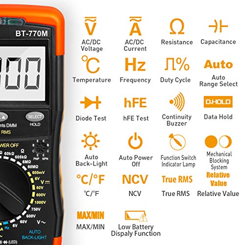 BTMETER Digital Multimeter TRMS 6000 Count, BTMETER BT-770M Auto/Manual Ranging DMM Electrical Meter Tester for AC/DC Amp, AC/DC Volt, Ohm Capacitance Frequency Continuity Temperature NCV, Auto Backlight - Image 5
