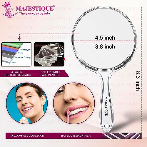MAJESTIQUE Dual Side Large Handheld Mirror, 1X/ 10X Round Magnifying Compact Mirror Perfect for Shaving, Makeup, Tweezing or Shaping Eyebrows, Contact Lens - Color May Vary - Image 2