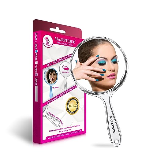 MAJESTIQUE Dual Side Large Handheld Mirror, 1X/ 10X Round Magnifying Compact Mirror Perfect for Shaving, Makeup, Tweezing or Shaping Eyebrows, Contact Lens - Color May Vary - Image 1