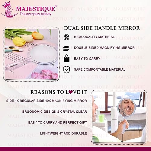 MAJESTIQUE Dual Side Large Handheld Mirror, 1X/ 10X Round Magnifying Compact Mirror Perfect for Shaving, Makeup, Tweezing or Shaping Eyebrows, Contact Lens - Color May Vary - Image 3