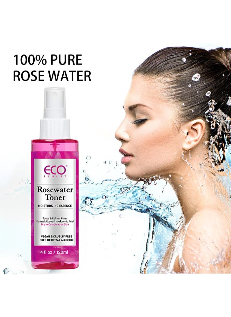 Rose Water Toner Moisturizing Essence Spray，For dewy and glowing skin, 100% Vegan, Refreshes, Conditions, Soothes, Reduces Redness (120ml)