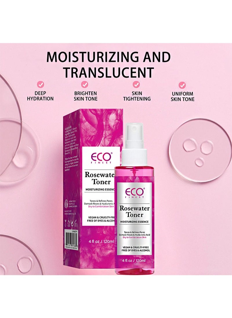 Rose Water Toner Moisturizing Essence Spray，For dewy and glowing skin, 100% Vegan, Refreshes, Conditions, Soothes, Reduces Redness (120ml)