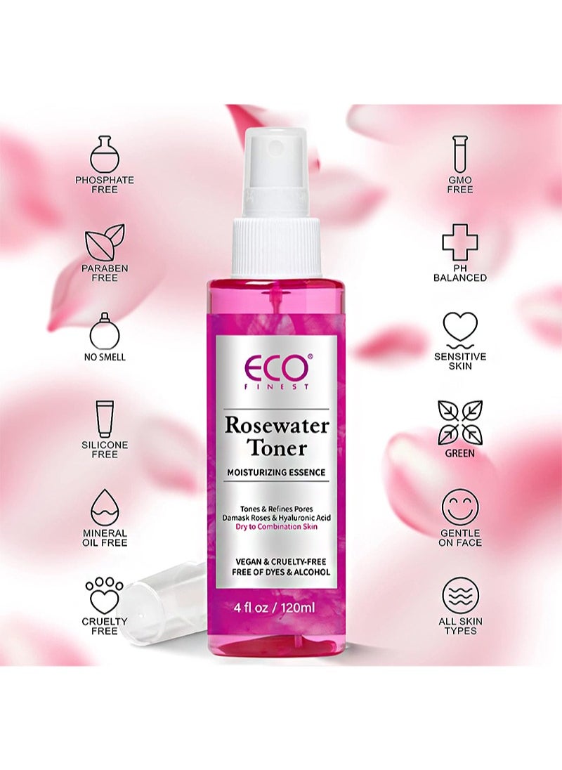 Rose Water Toner Moisturizing Essence Spray，For dewy and glowing skin, 100% Vegan, Refreshes, Conditions, Soothes, Reduces Redness (120ml)