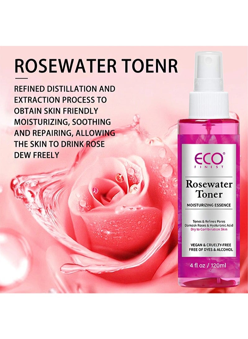 Rose Water Toner Moisturizing Essence Spray，For dewy and glowing skin, 100% Vegan, Refreshes, Conditions, Soothes, Reduces Redness (120ml)