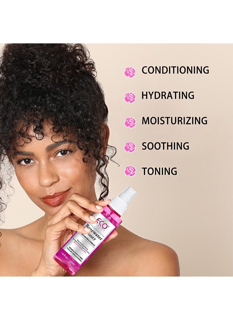 Rose Water Toner Moisturizing Essence Spray，For dewy and glowing skin, 100% Vegan, Refreshes, Conditions, Soothes, Reduces Redness (120ml)