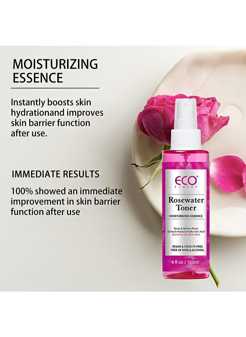 Rose Water Toner Moisturizing Essence Spray，For dewy and glowing skin, 100% Vegan, Refreshes, Conditions, Soothes, Reduces Redness (120ml)