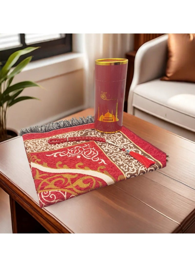 Huitich - Embroidered Prayer Mat Set with Beads and Storage Box, Red - Image 1