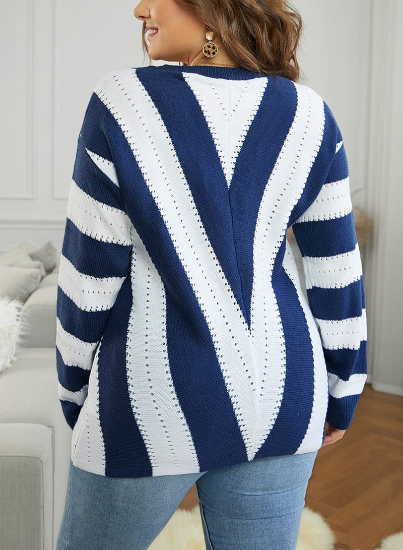 FEKOAFE Womens Soft Warm Sweaters Lightweight Pullover,Color Blocks Long Sleeve Sweatshirts with V Neck Sesign Blue White Plus Size XL - Image 5