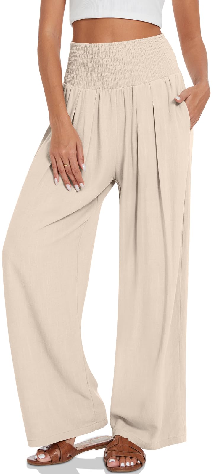 UEU Women's Linen Palazzo Pants Wide Leg High Waisted Lounge Flowy Resort Casual Beach Pants with Pockets - Image 2