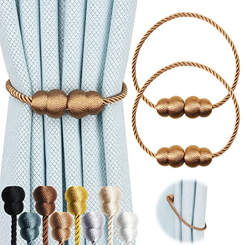 Hangtty Magnetic Curtain Tiebacks 2 Pack Rope Decorative Curtain Tie Backs Elegant Curtain Holders for Drapes Outdoor Window Treatment Holdbacks, Khaki - Image 1
