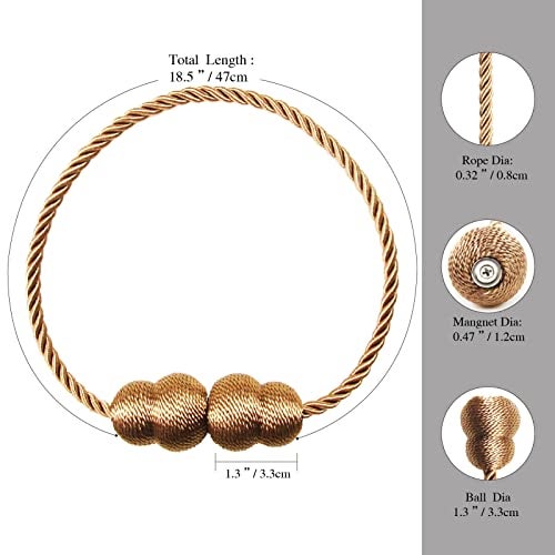 Hangtty Magnetic Curtain Tiebacks 2 Pack Rope Decorative Curtain Tie Backs Elegant Curtain Holders for Drapes Outdoor Window Treatment Holdbacks, Khaki - Image 2