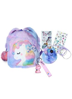 PEAKY KIDS Fluffy Unicorn Backpack 3D Rainbow Color Cute Plush Bag with Fuzzy Notebook Pom Pen and Stickers Soft Toy Stylish School Supplies  - Image 1