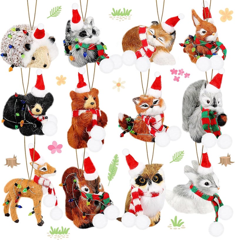 Syhood Syhood 12 pcs Woodland Animal Christmas Ornaments with 6 Strings Lights 12 neckbands Faux Fur Plush Animal Hanging Ornaments for Christmas Tree Keychain Backpack Home Party Decoration - Image 1