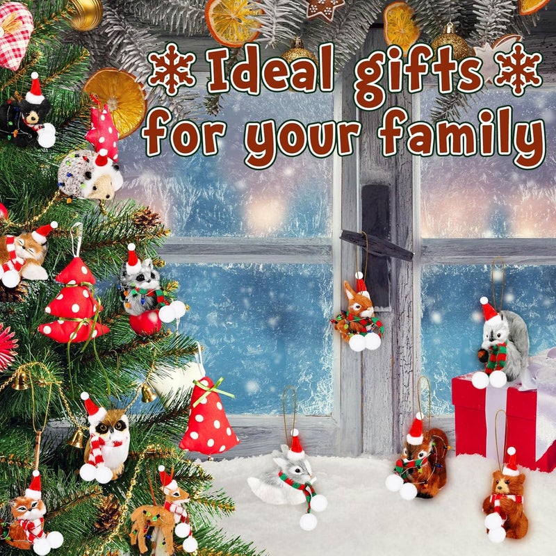 Syhood Syhood 12 pcs Woodland Animal Christmas Ornaments with 6 Strings Lights 12 neckbands Faux Fur Plush Animal Hanging Ornaments for Christmas Tree Keychain Backpack Home Party Decoration - Image 2