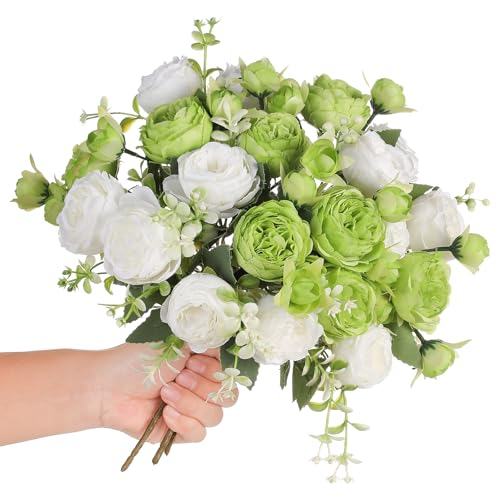 Floweroyal 2 Bunches Peony Artificial Flowers Green Flowers Silk Peonies Bouquets for Wedding Party Table Centerpieces Floral Arrangement Home Kitchen Decor - Image 1