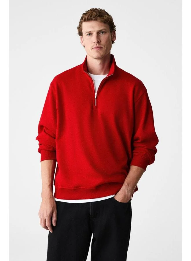 GRIMELANGE VELVETY Men's Cotton Sweatshirt with Fleece Lining, Straight Collar, Zipper, Long Sleeve, Regular Fit, Red.
