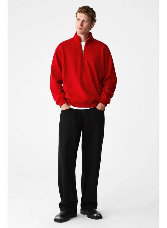 GRIMELANGE VELVETY Men's Cotton Sweatshirt with Fleece Lining, Straight Collar, Zipper, Long Sleeve, Regular Fit, Red.