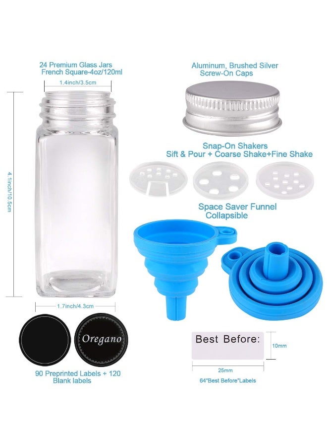Bukela 24 Glass Spice Jars with w/3 Types of Labels-4oz Empty Square Spice Containers,Three Kinds of Shaker Lids and Airtight Metal Caps-White Paint Pen and Silicone Collapsible Funnel Included  - Image 2