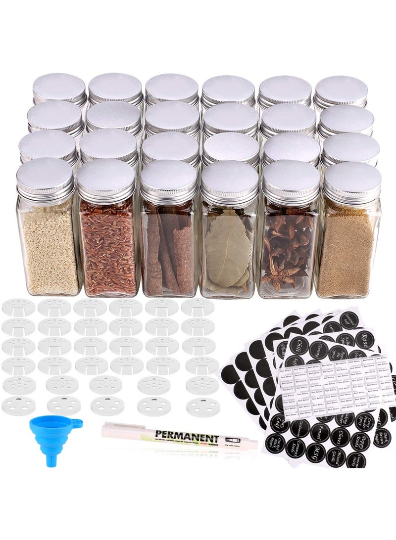 Bukela 24 Glass Spice Jars with w/3 Types of Labels-4oz Empty Square Spice Containers,Three Kinds of Shaker Lids and Airtight Metal Caps-White Paint Pen and Silicone Collapsible Funnel Included  - Image 1