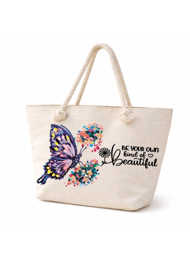 We Print, Your Gift Butterfly Motivational Beach Tote Bag for Women - Heavy Cotton Fabric - Gold Zipper - Inner Pocket - Lined Interior - Shoulder Bag for Beach Travel Work - 47 x 37 cm - Image 1