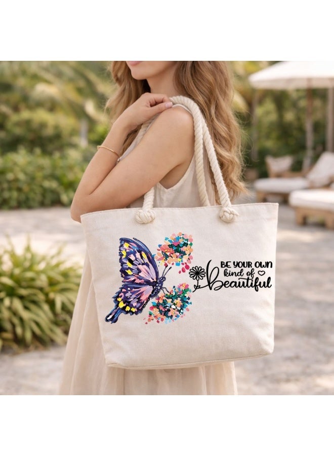 We Print, Your Gift Butterfly Motivational Beach Tote Bag for Women - Heavy Cotton Fabric - Gold Zipper - Inner Pocket - Lined Interior - Shoulder Bag for Beach Travel Work - 47 x 37 cm - Image 2