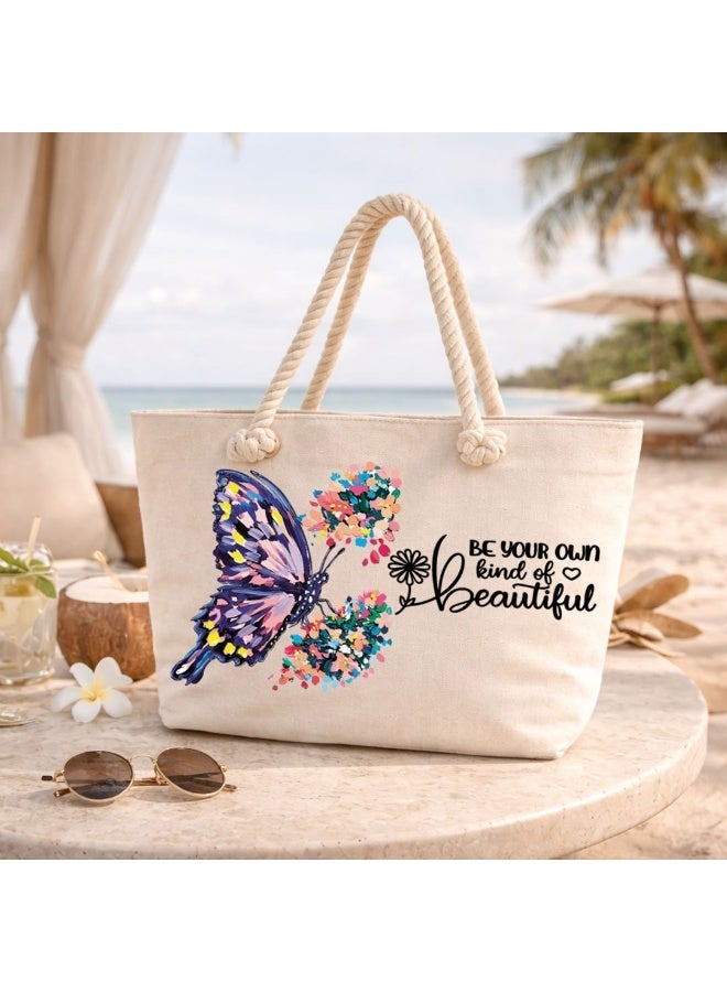 We Print, Your Gift Butterfly Motivational Beach Tote Bag for Women - Heavy Cotton Fabric - Gold Zipper - Inner Pocket - Lined Interior - Shoulder Bag for Beach Travel Work - 47 x 37 cm - Image 3