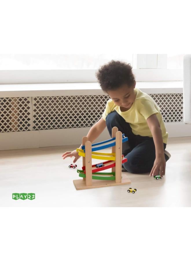 Play22 Wooden Ramp Race Track – 4-Level Rolling Car Set for Toddlers with 4 Wooden Cars - Image 3
