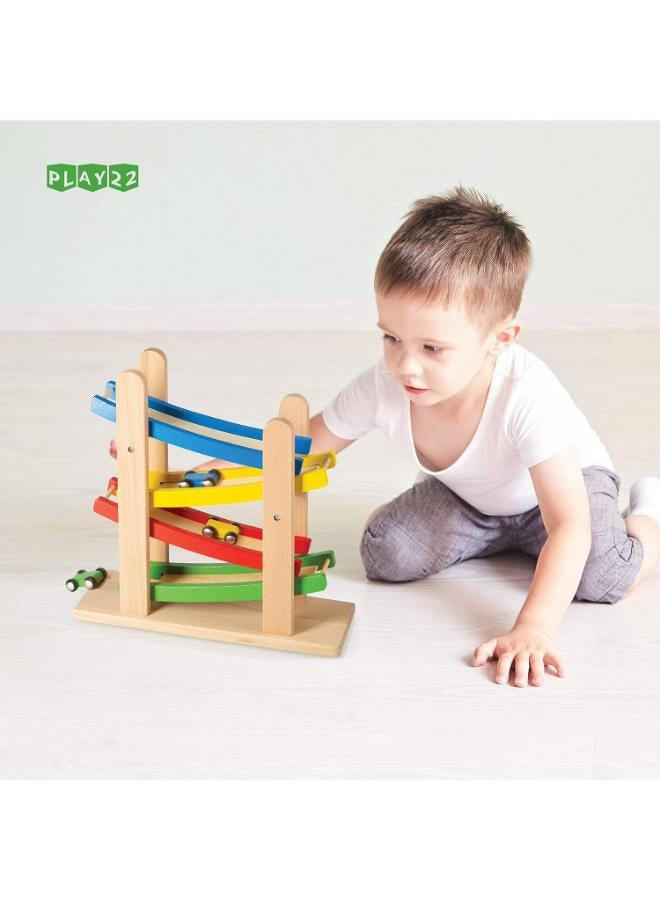 Play22 Wooden Ramp Race Track – 4-Level Rolling Car Set for Toddlers with 4 Wooden Cars - Image 2