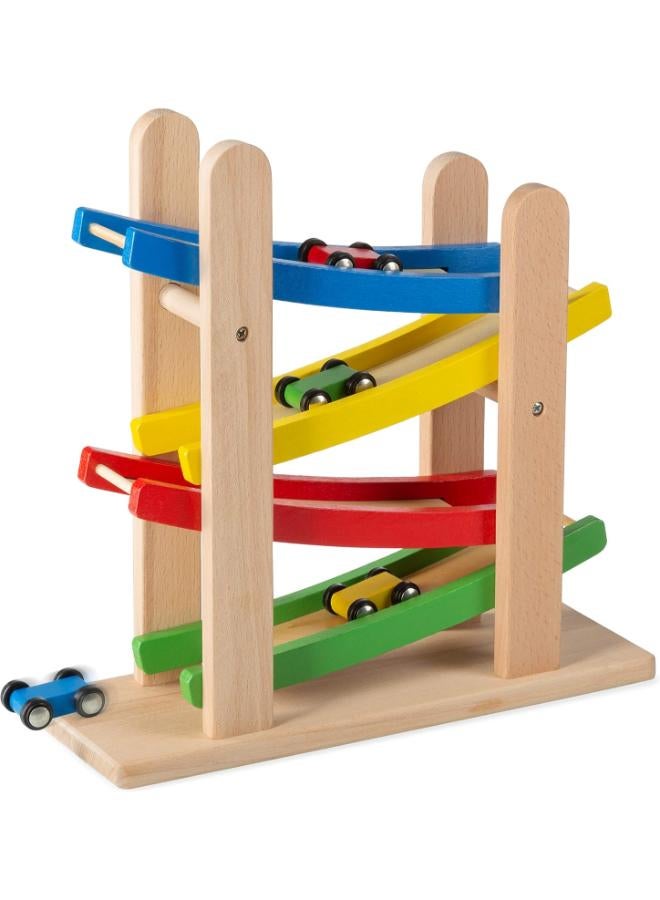 Play22 Wooden Ramp Race Track – 4-Level Rolling Car Set for Toddlers with 4 Wooden Cars - Image 1