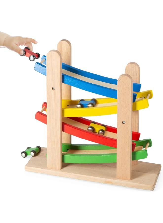 Play22 Wooden Ramp Race Track – 4-Level Rolling Car Set for Toddlers with 4 Wooden Cars - Image 4