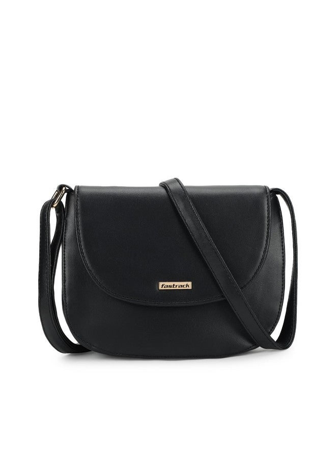 Fastrack Double Compartment Sling Bag | Faux Leather Sling Bag With Magnetic Button Closure | Adjustable Shoulder Strap | Trendy Crossbody Bag For Girls | Trendy Women's Handbags, Black - Image 1
