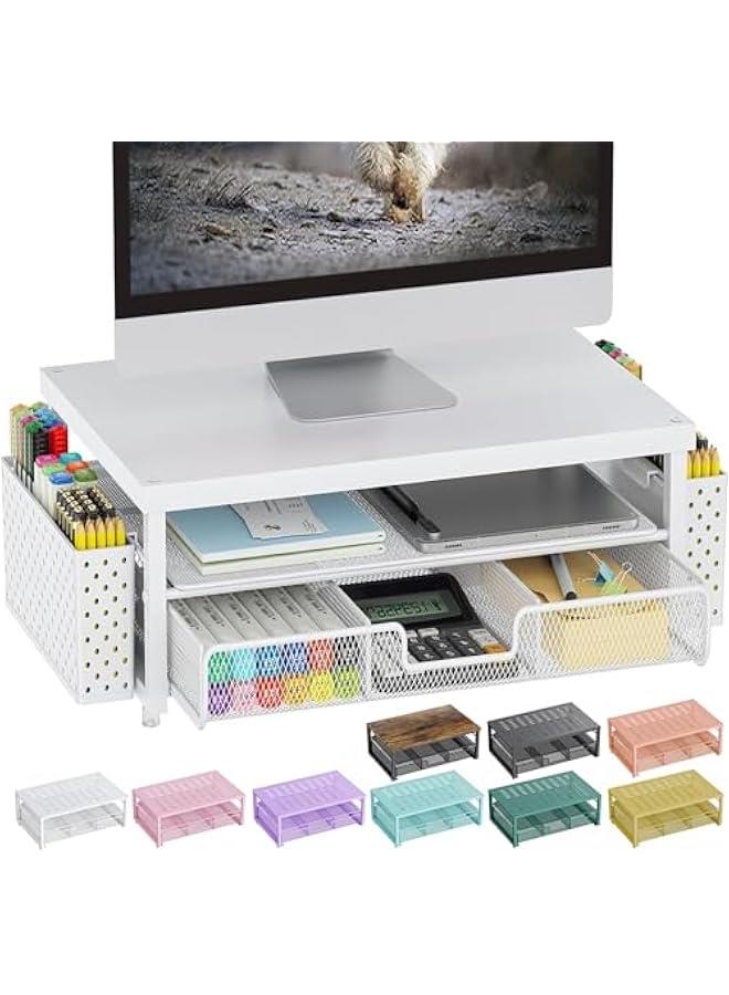 Arabest Wood Monitor Stand Riser, Office Desk Shelf Organizer, Desk Organizer with Drawer and Pen Holder, 2-Tier Computer Stand, Office Organization (Matte White)  - Image 1