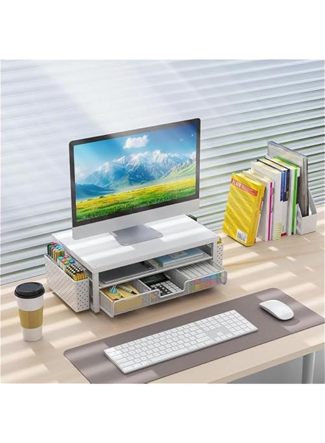Arabest Wood Monitor Stand Riser, Office Desk Shelf Organizer, Desk Organizer with Drawer and Pen Holder, 2-Tier Computer Stand, Office Organization (Matte White)  - Image 2