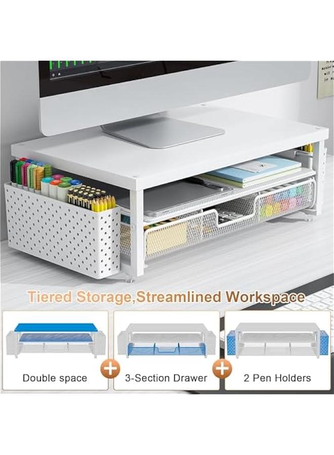 Arabest Wood Monitor Stand Riser, Office Desk Shelf Organizer, Desk Organizer with Drawer and Pen Holder, 2-Tier Computer Stand, Office Organization (Matte White)  - Image 4